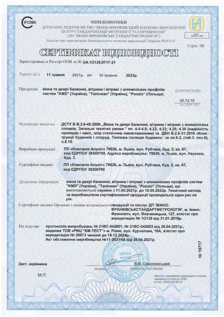 Сертифікат відповідності на віконні конструкції